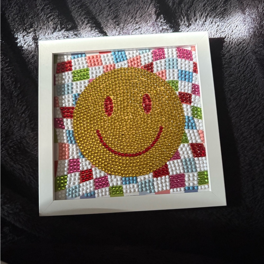 Beaded Smiley Wall Art - Yellow Smiley with Multicolor Check Background